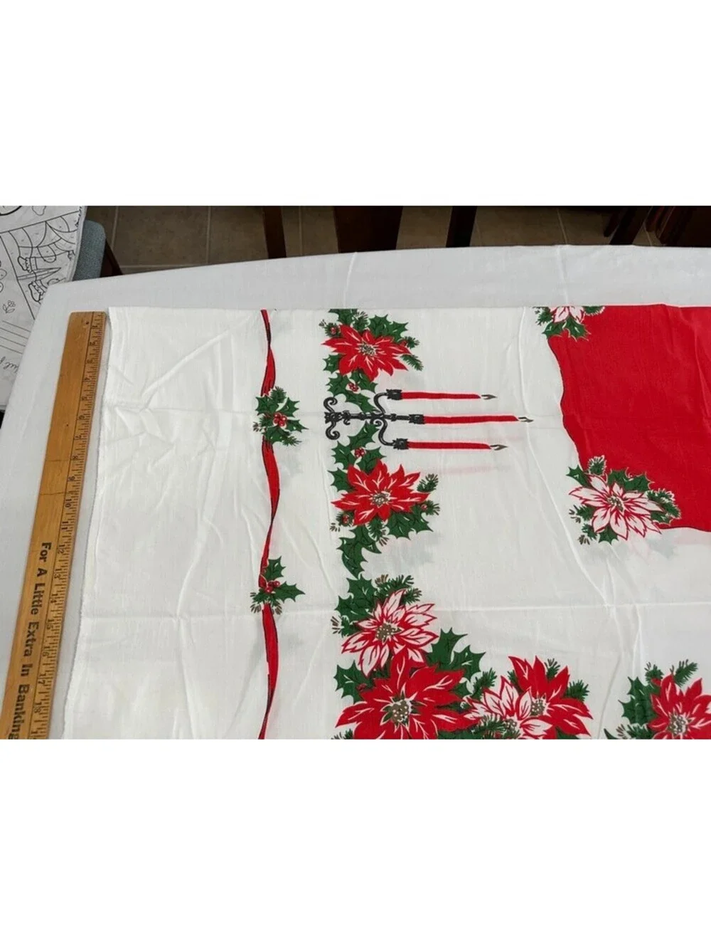 Christmas Holly Candle Poinsettia Holly Tablecloth White Red Rectangle